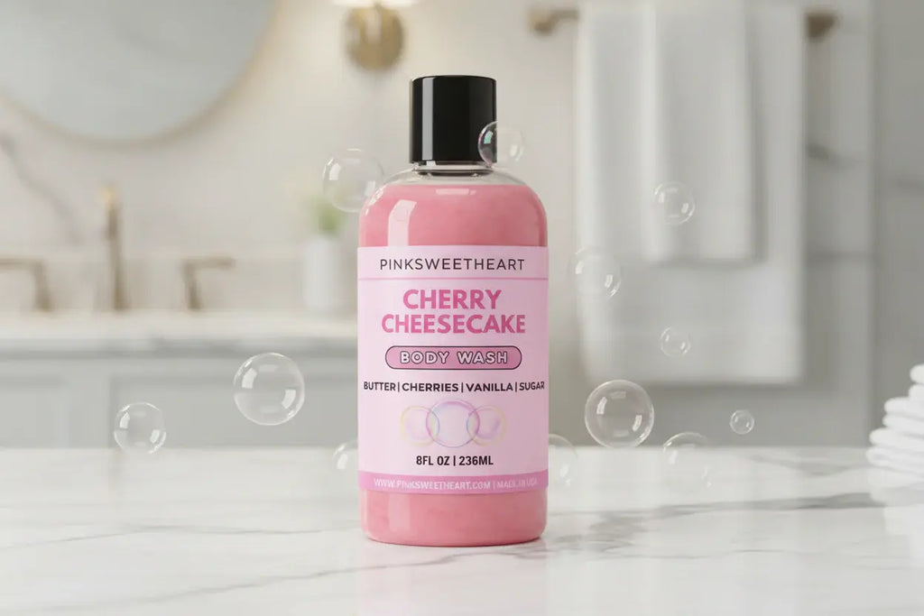 Bottle of Cherry Cheesecake body wash with pink label on white background