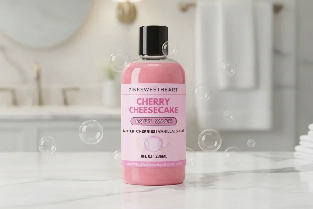 Bottle of Cherry Cheesecake body wash with pink label on white background