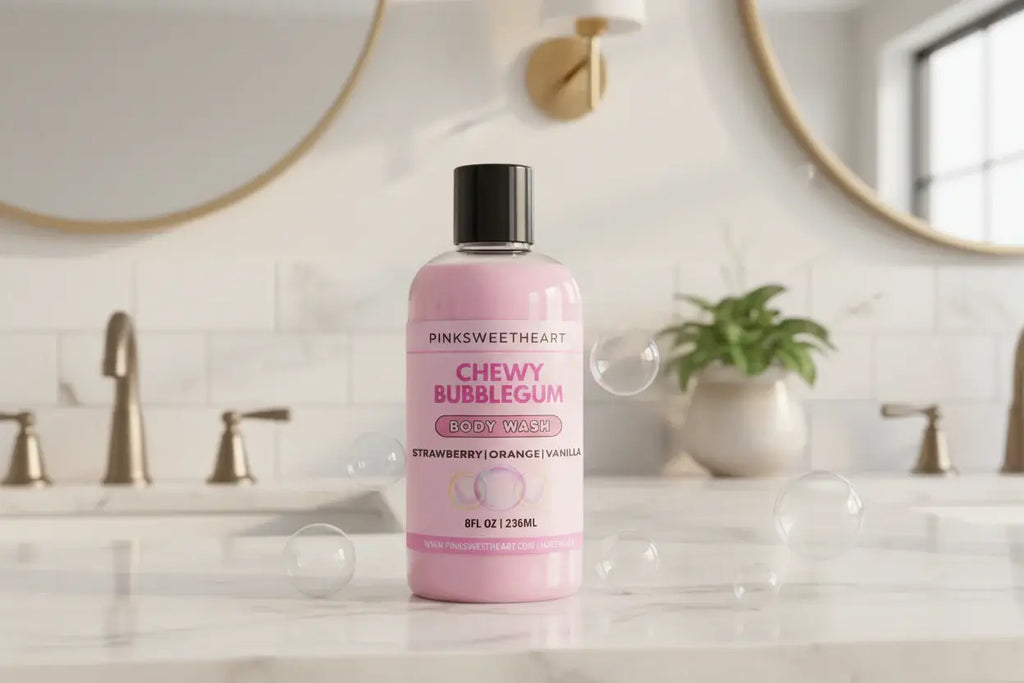 Pink bottle of 'Pinksweetheart' chewy bubblegum body wash on a white background