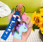 Chibi Rainbow Unicorn Rubber Keychain Charm - Blue