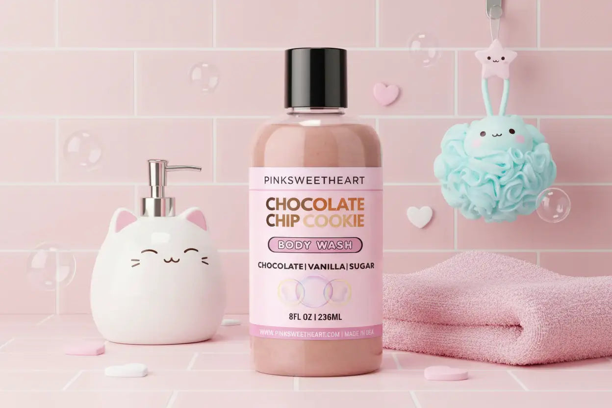 Body wash bottle labeled 'Chocolate Chip Cookie' by Pinksweetheart on a white background