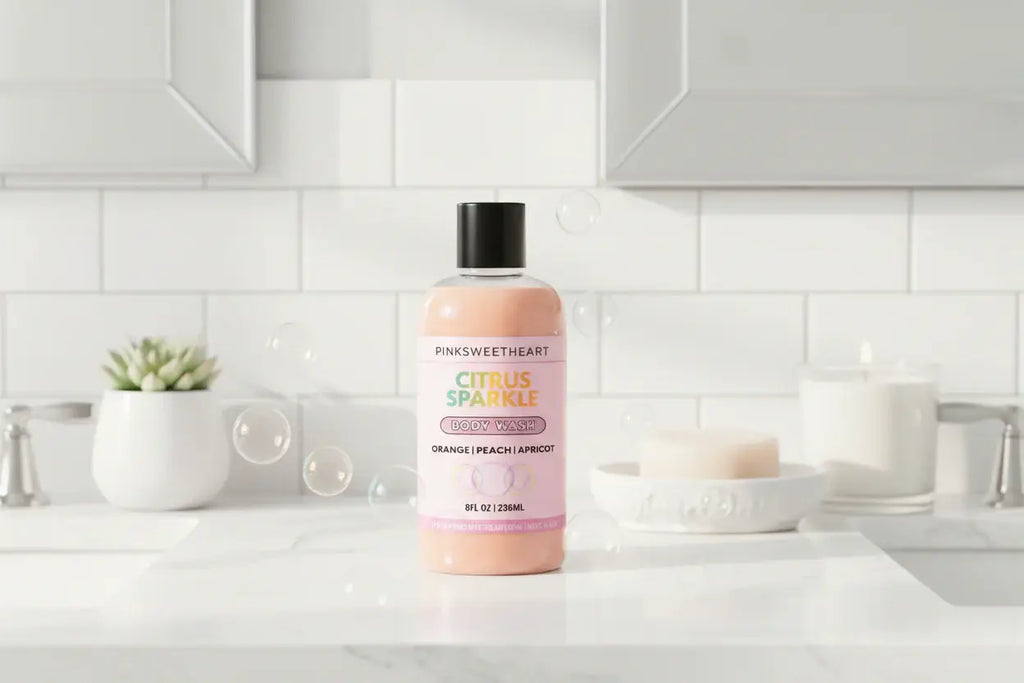 Pinksweetheart Citrus Sparkle body wash bottle on a white background