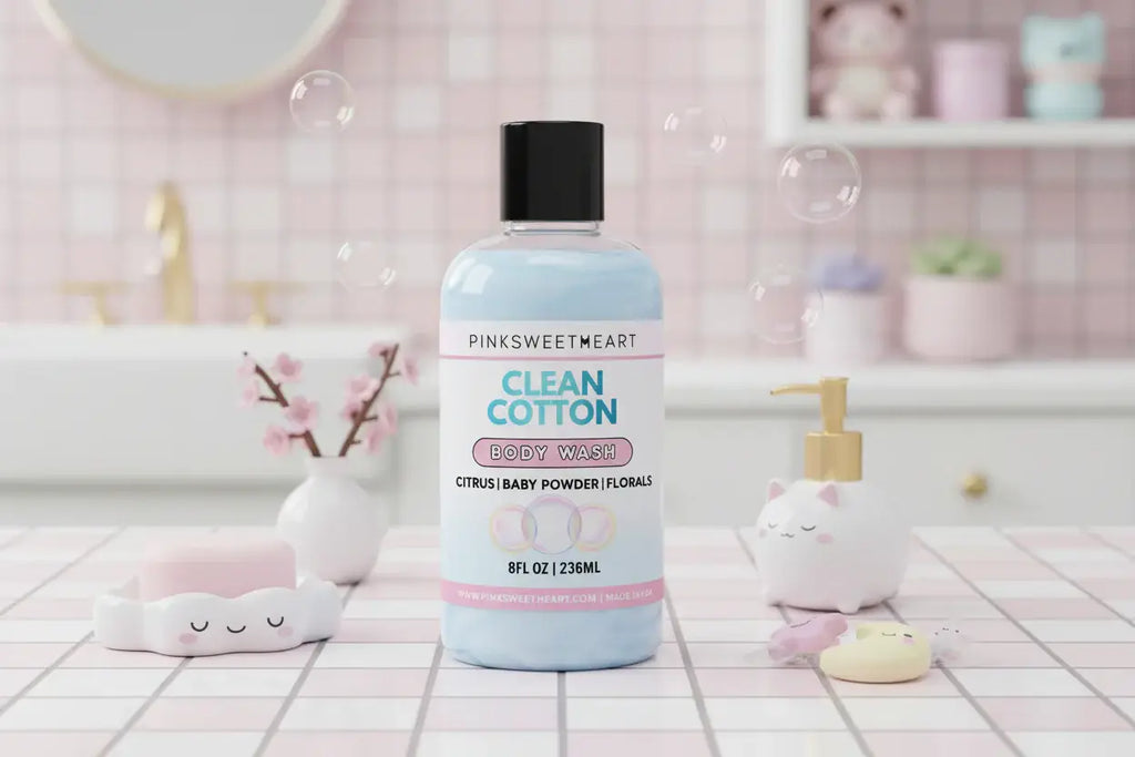 Pinksweetheart Clean Cotton body wash bottle on a white background