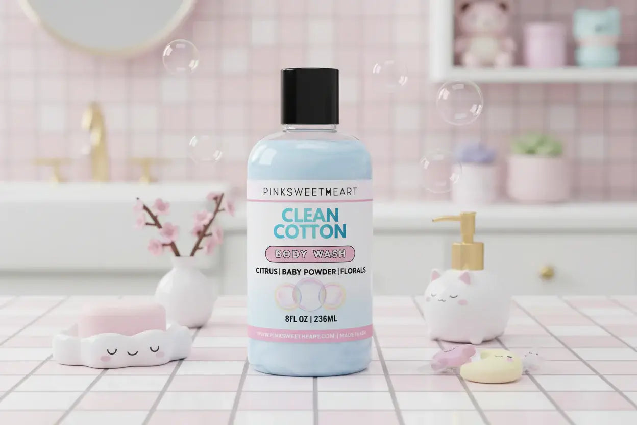 Pinksweetheart Clean Cotton body wash bottle on a white background