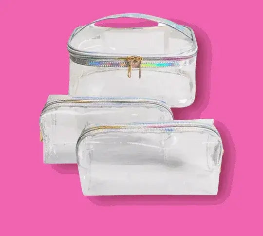 Clear Holo Rainbow Jelly Makeup Bag Trio Set