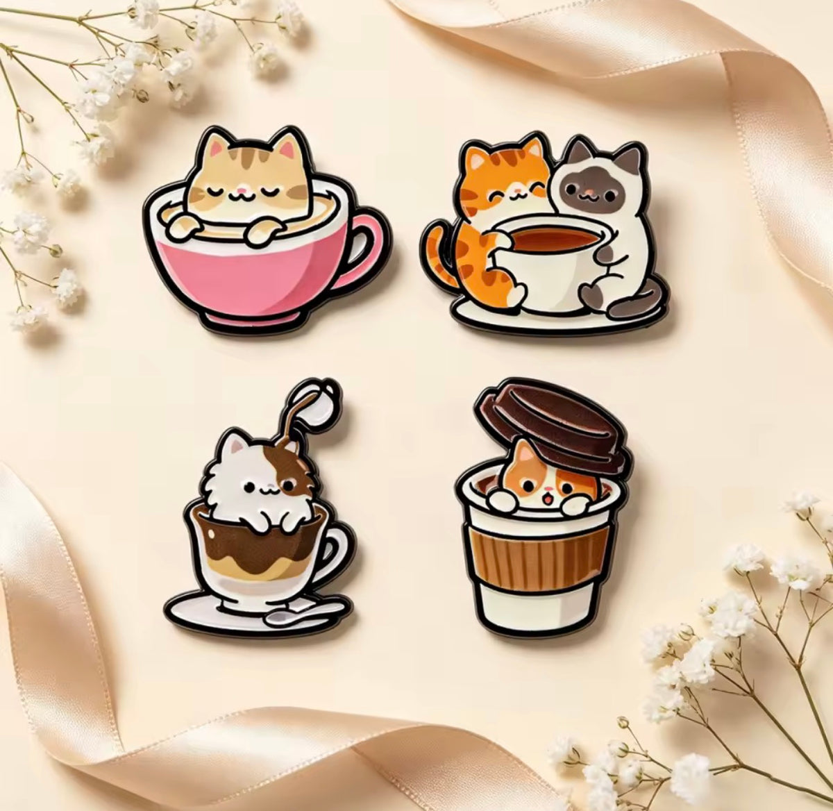 Coffee Cat Enamel Pin Set 4pcs