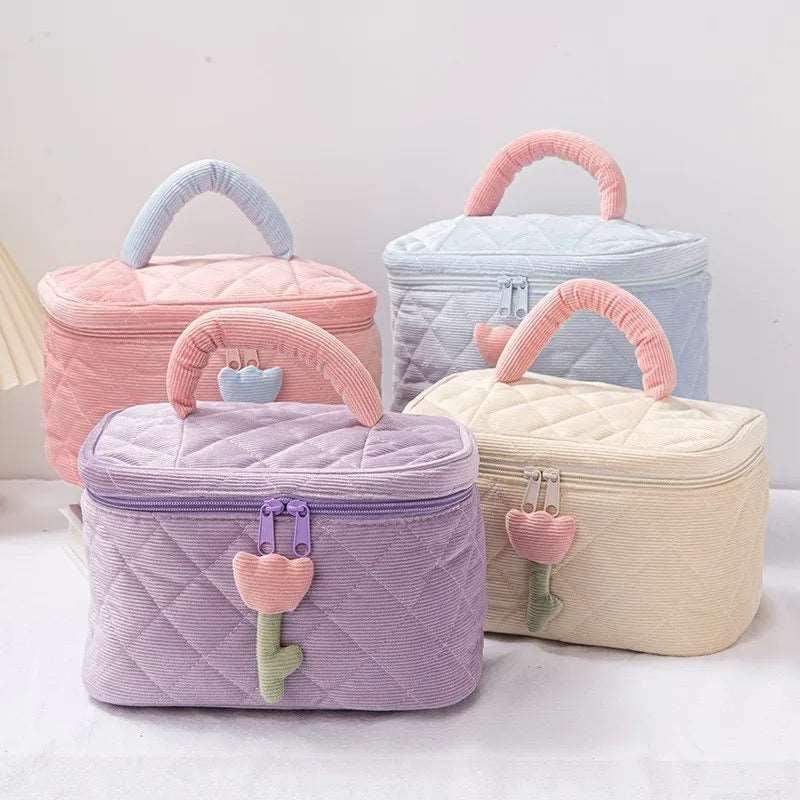 Corduroy Flower Cosmetic Makeup Bag Set