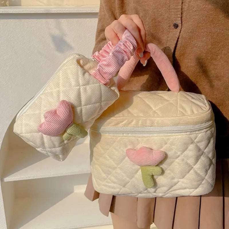 Corduroy Flower Cosmetic Makeup Bag Set - Cream