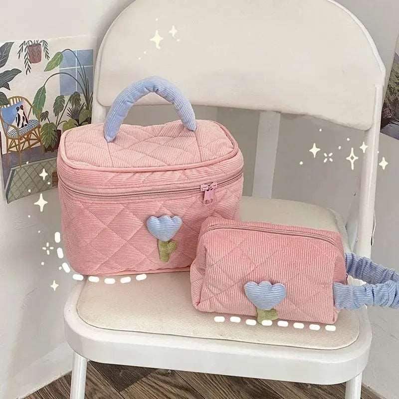 Corduroy Flower Cosmetic Makeup Bag Set - Pink