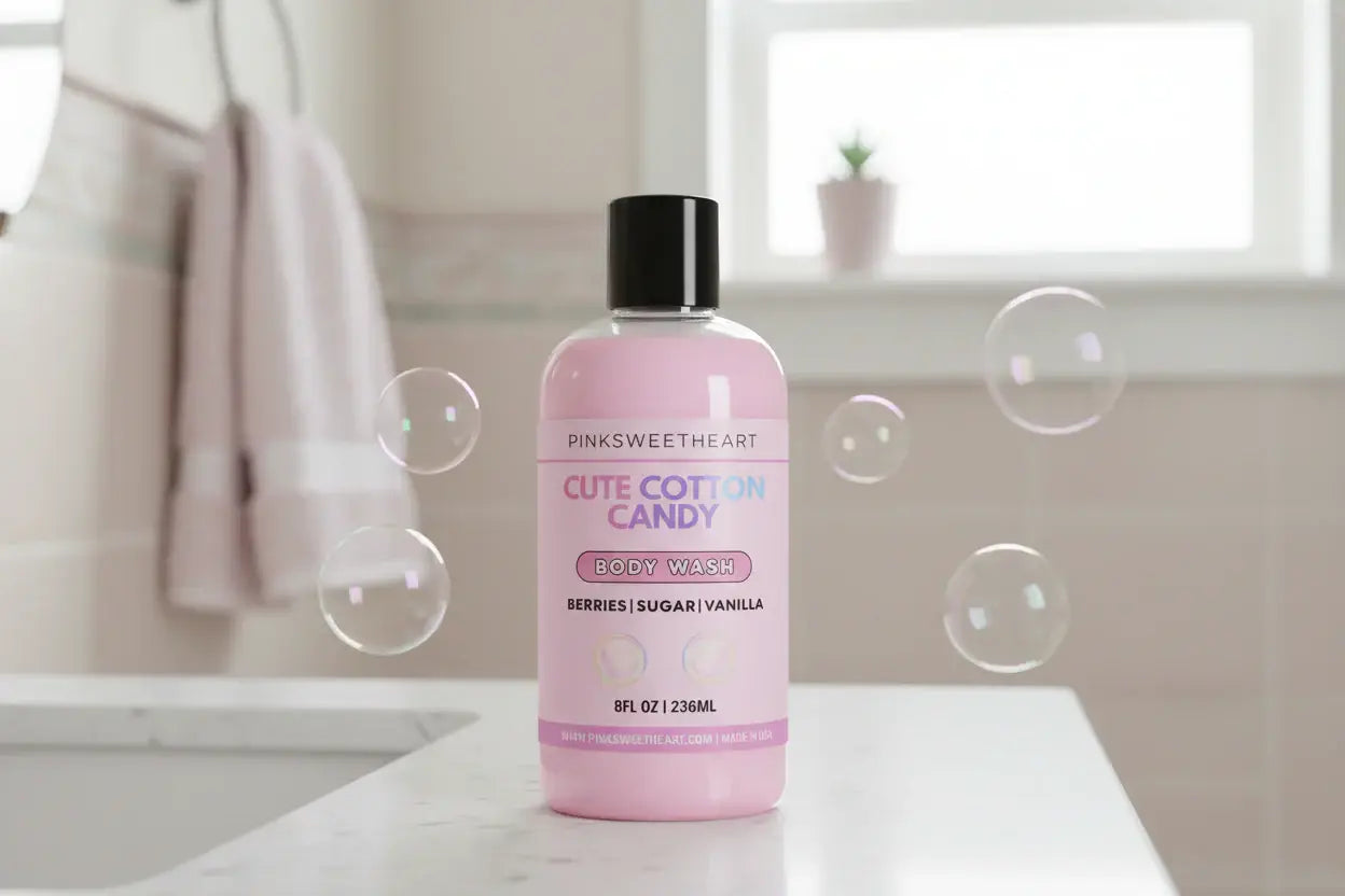 Pink bottle of 'Cute Cotton Candy' body wash on a bathroom counter with bubbles.