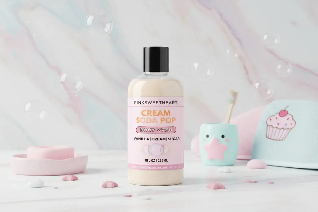 Body wash bottle with pink label on a white background