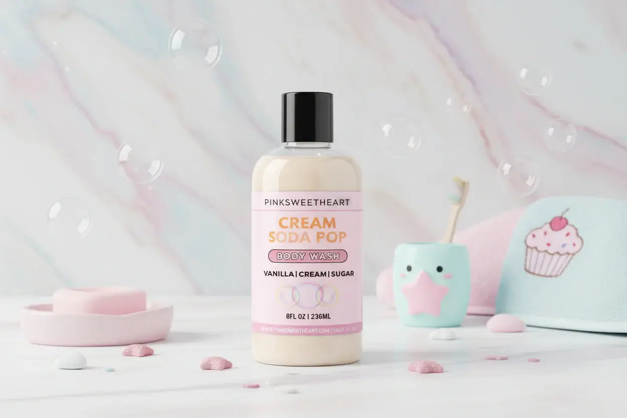 Body wash bottle with pink label on a white background