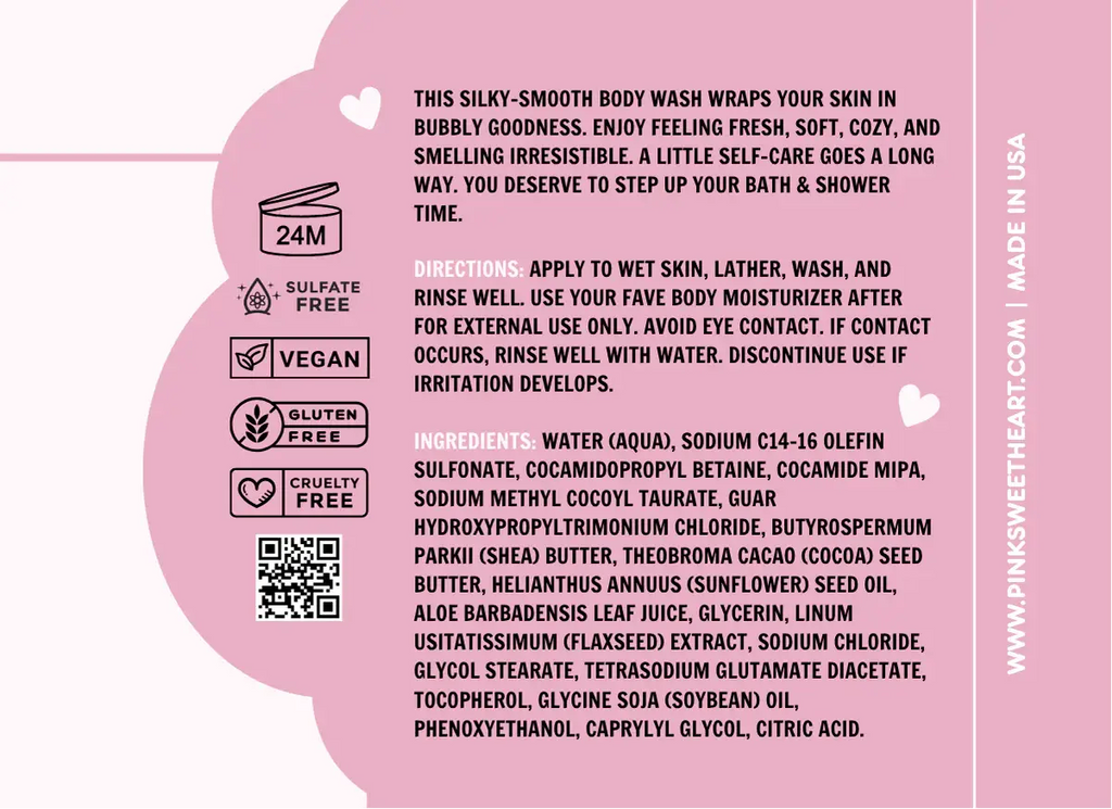 Pinksweetheart Fruity Loop Cereal Body Wash packaging with product details on a pink background