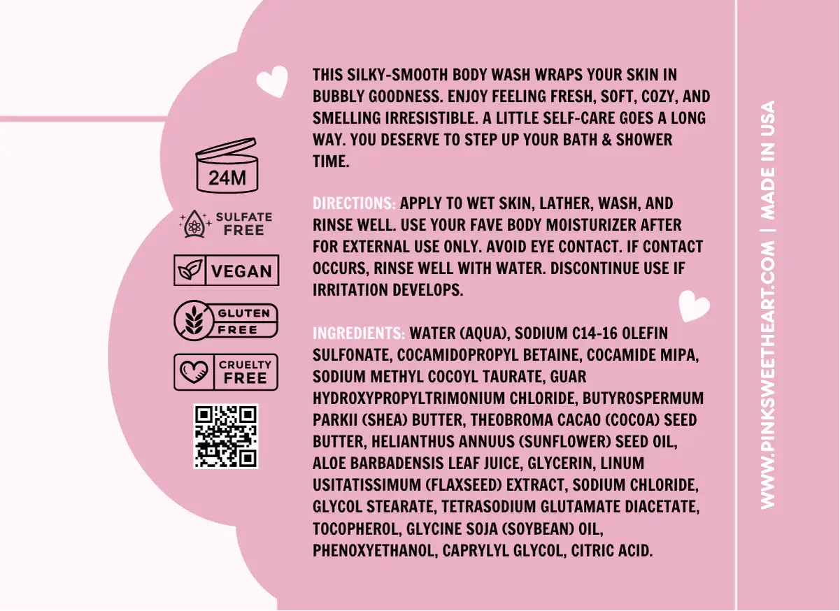 Pinksweetheart Fruity Loop Cereal Body Wash packaging with product details on a pink background