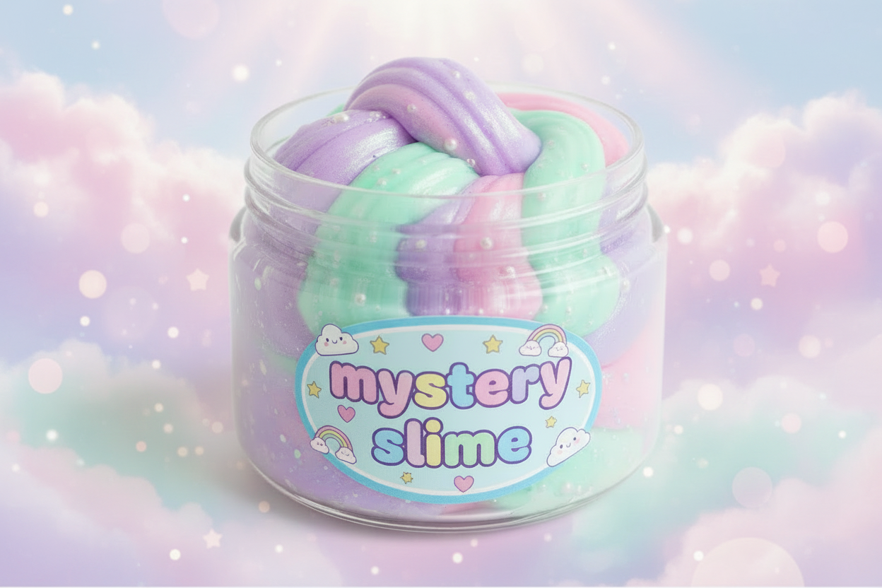 create a cute and pastel image for a mystery slime in a clear container and add a label that says "mystery slime"
