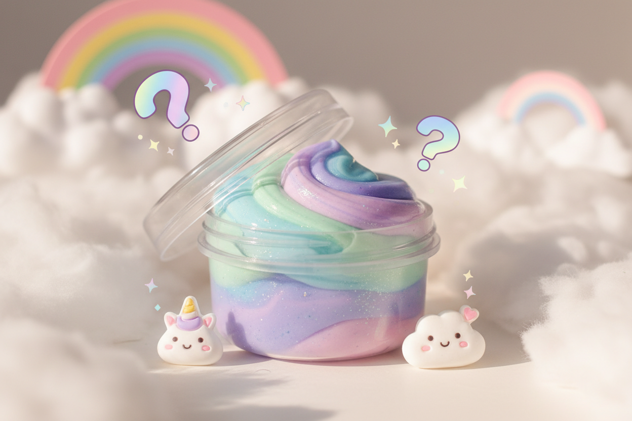 create a cute image for a mystery slime in a clear container 