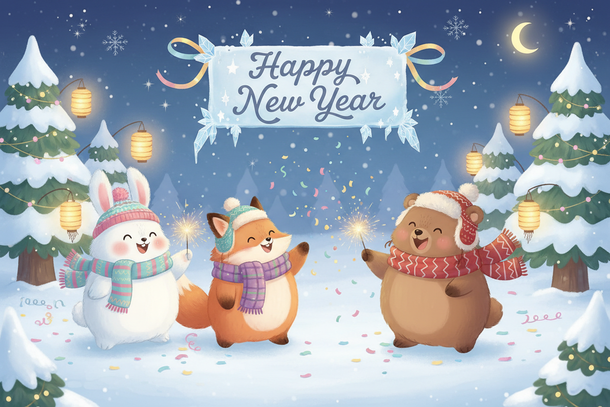 cute characters in a new year winter scene