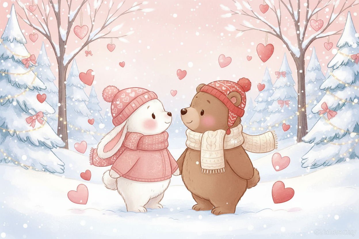 cute characters in winter valentine scene