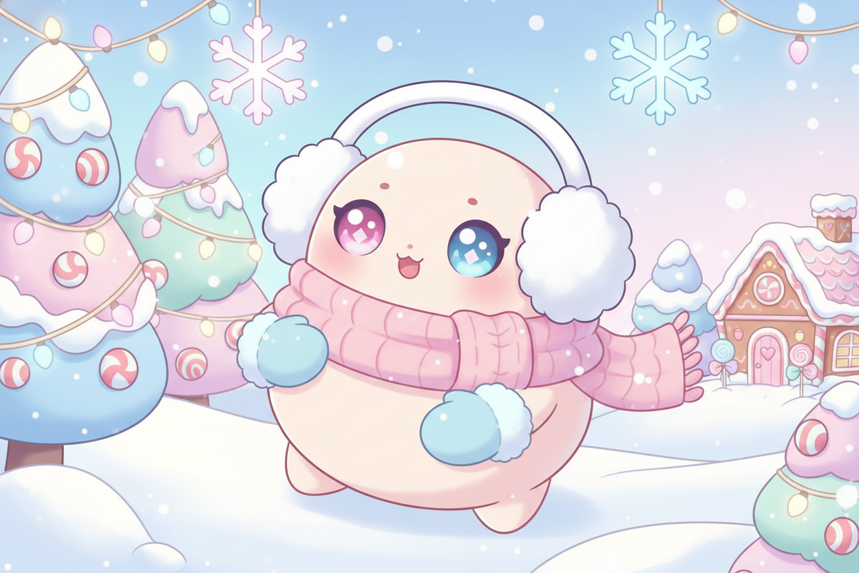 cute kawaii christmas with character playing outside in the snow in a winter wonderland