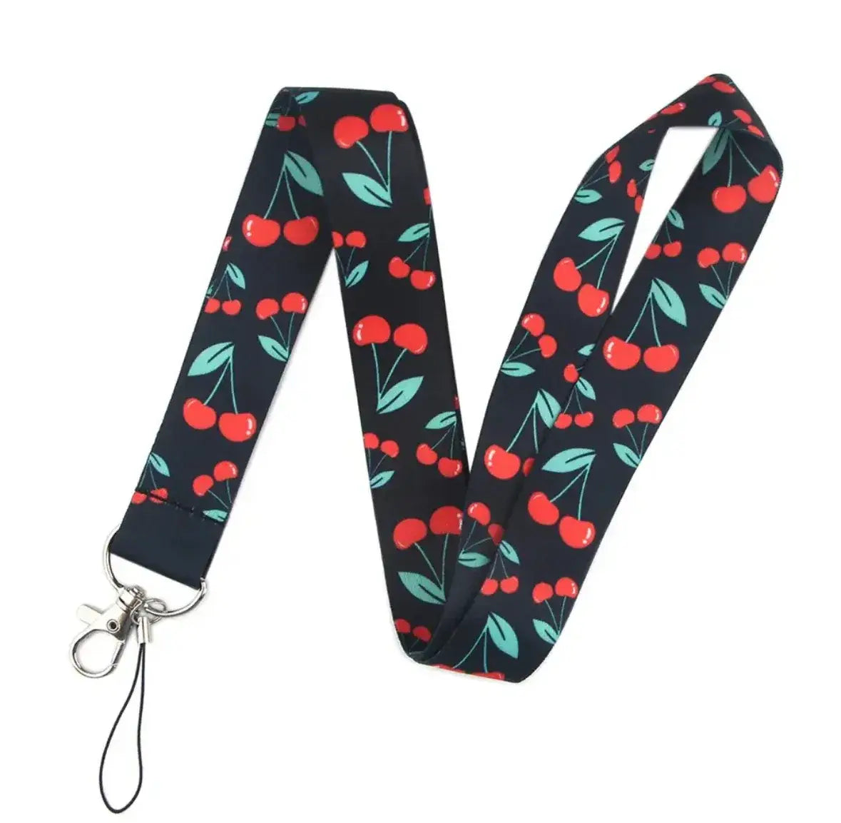 Cute Strap Lanyard Keychain - Black Red Cherries