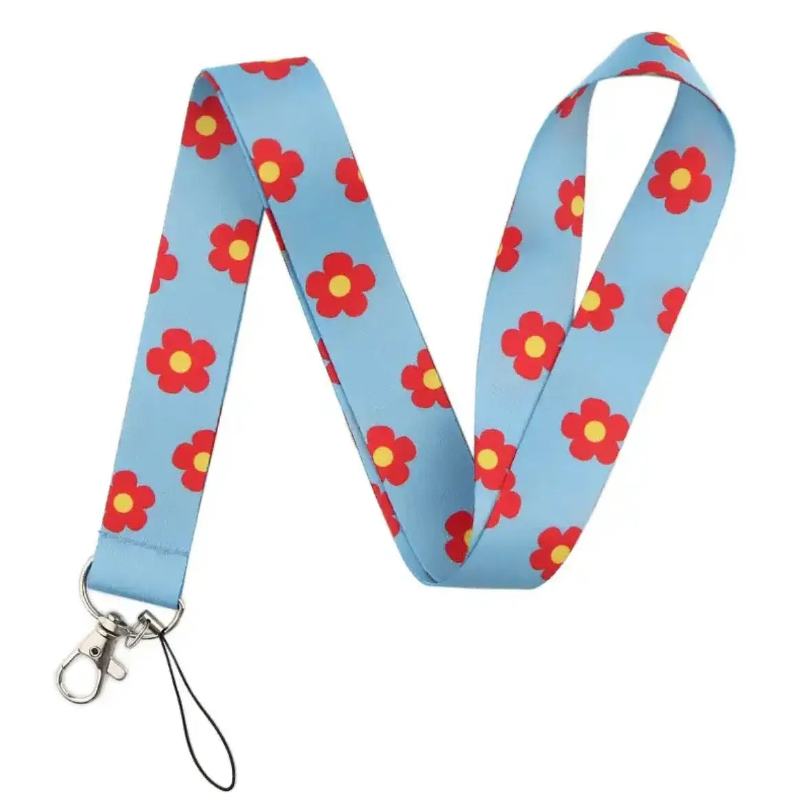 Cute Strap Lanyard Keychain - Red Flowers Blue Skies