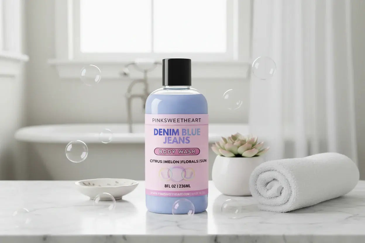 Body wash bottle with pink label on a white background