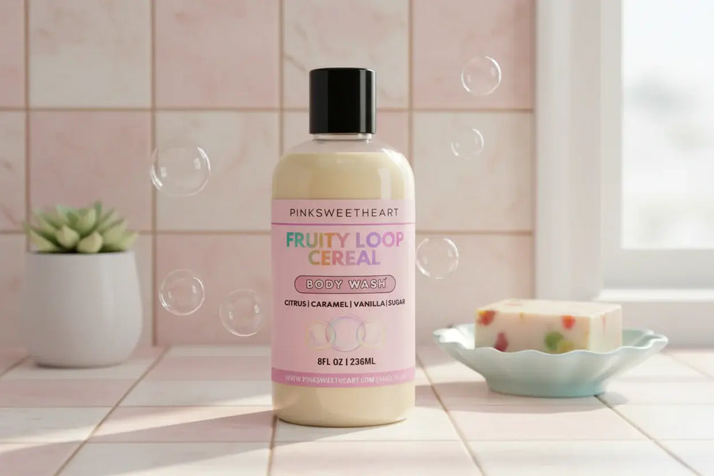 Body wash bottle with pink label on a white background