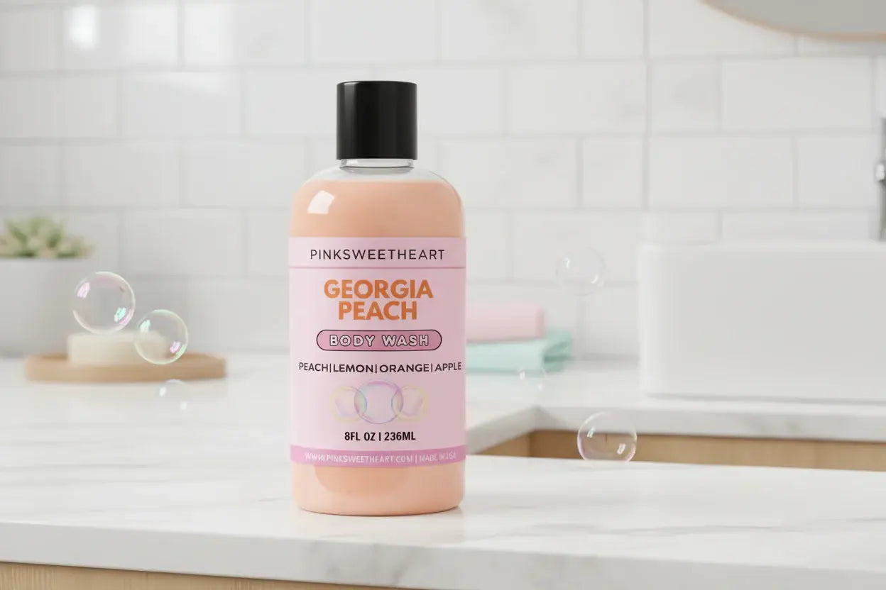 Body wash bottle labeled 'Georgia Peach' by Pinksweetheart on a white background