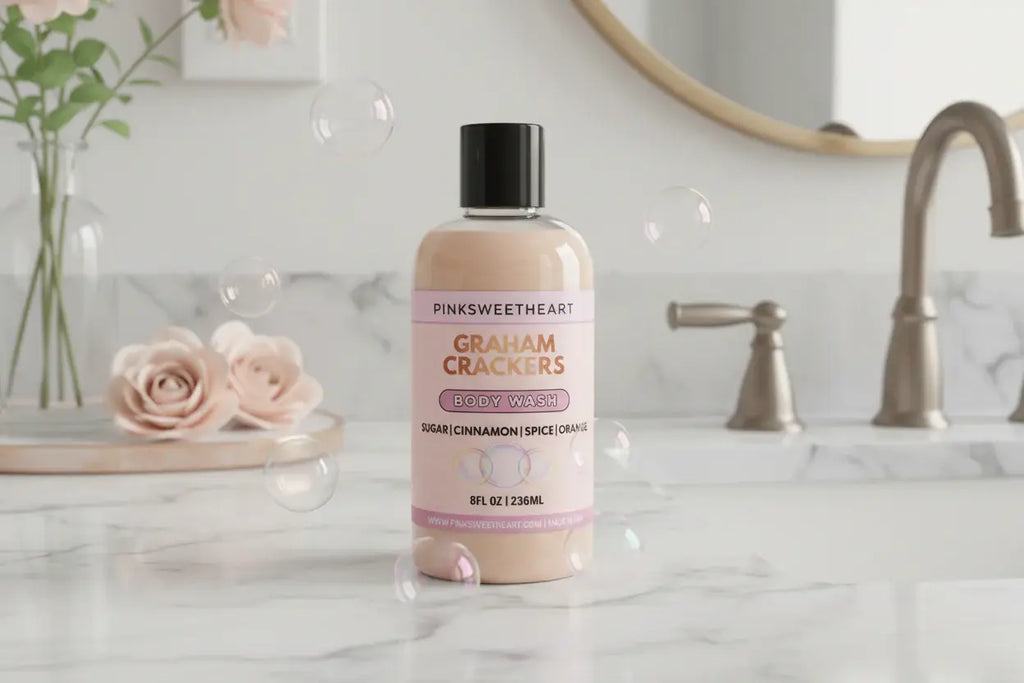 Body wash bottle labeled 'Graham Crackers' by Pinksweetheart on a white background