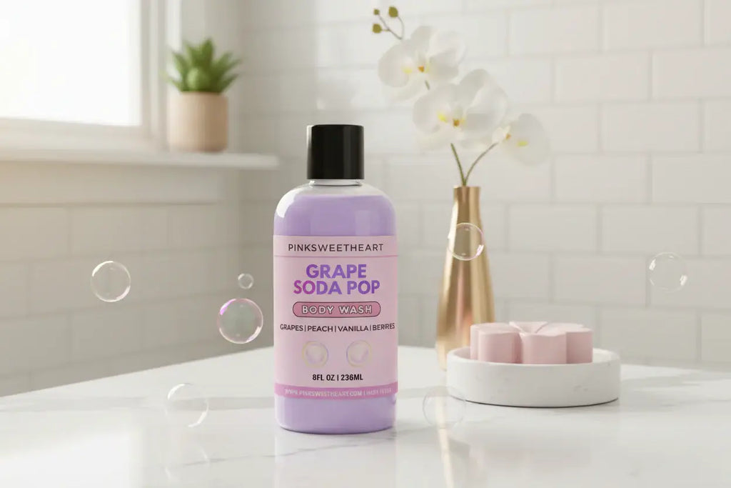 Body wash bottle labeled 'Grape Soda Pop' by Pinksweetheart on a white background