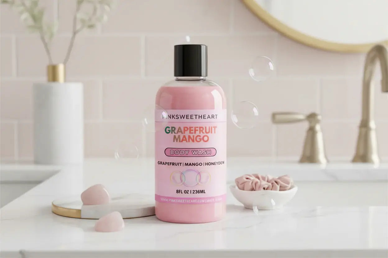 Pink bottle of Grapefruit Mango body wash with black cap on a white background