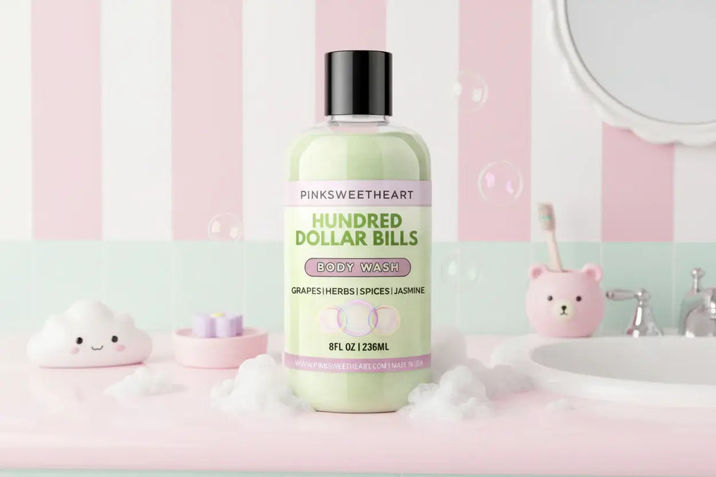 Body wash bottle labeled 'Hundred Dollar Bills' by Pinksweetheart on a white background
