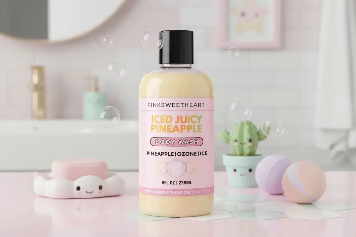 Body wash bottle labeled 'Pinksweetheart Iced Juicy Pineapple' on a white background