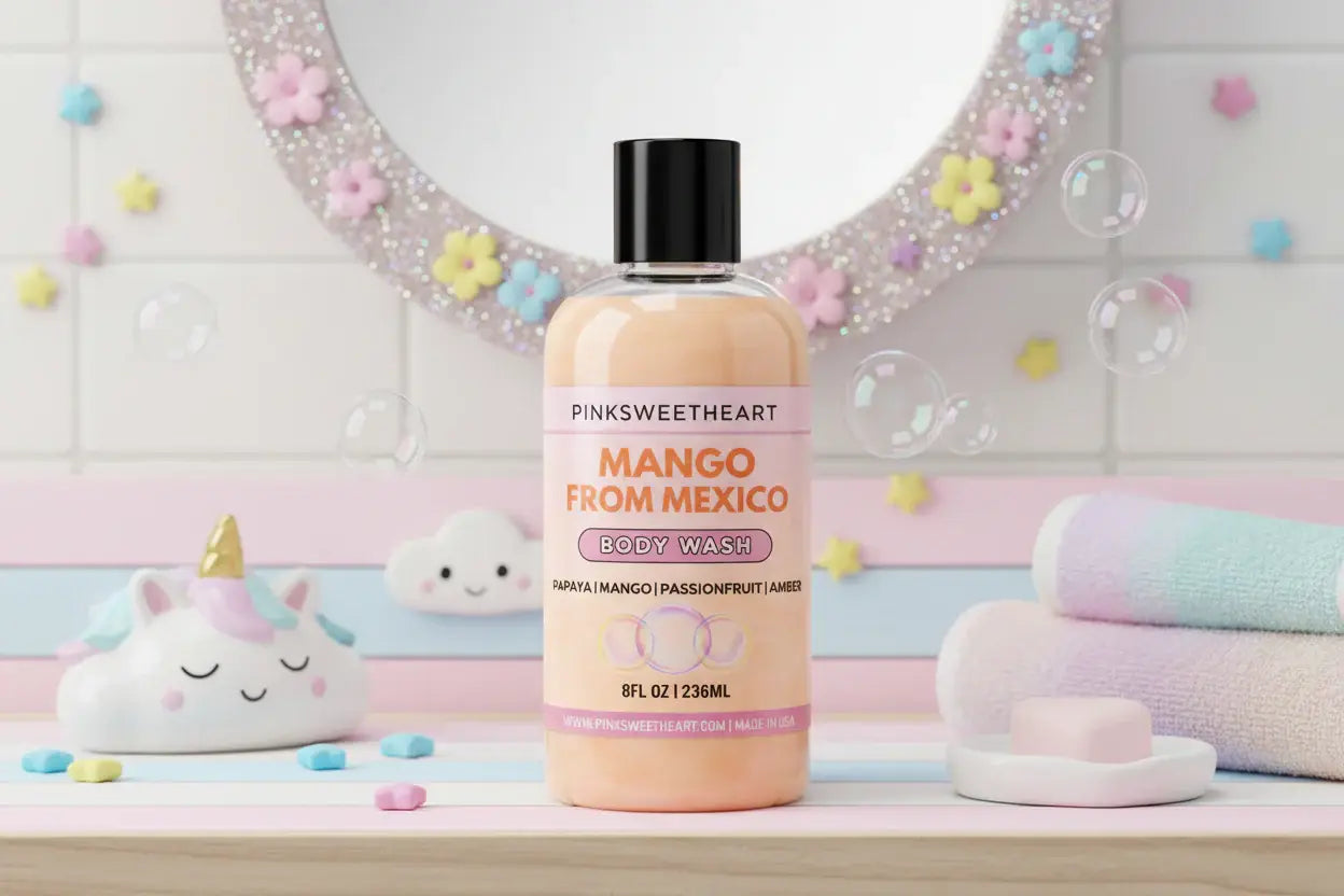 Bottle of 'Pinksweetheart Mango from Mexico' body wash on a white background