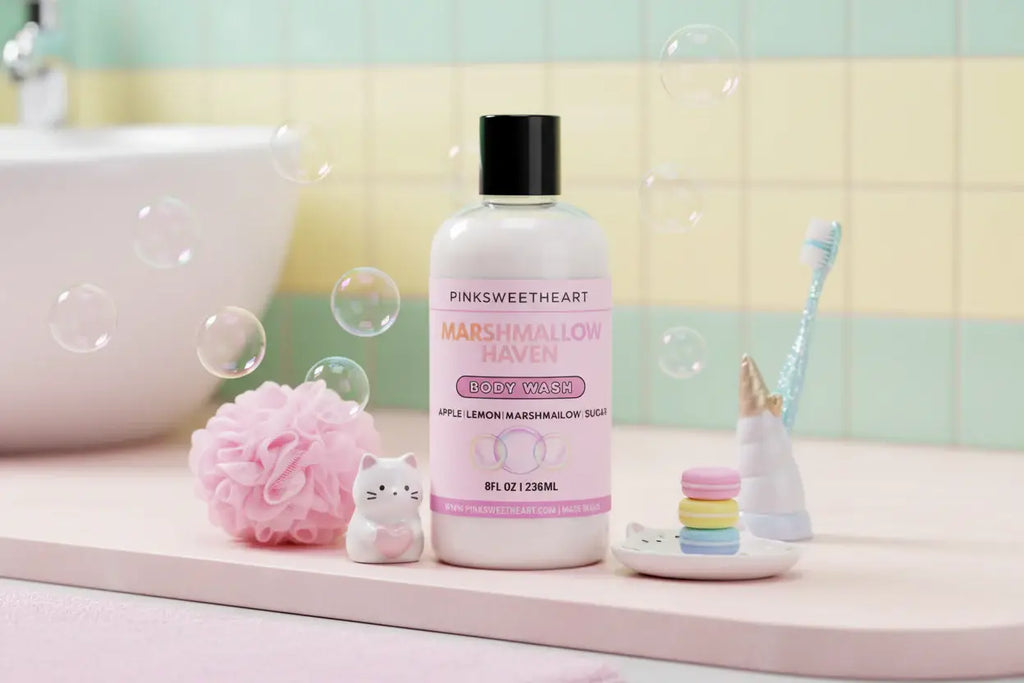 Body wash bottle with pink label on a white background