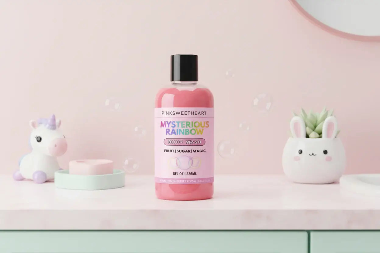 Pink bottle of 'Mysterious Rainbow' body wash with colorful text on a white background