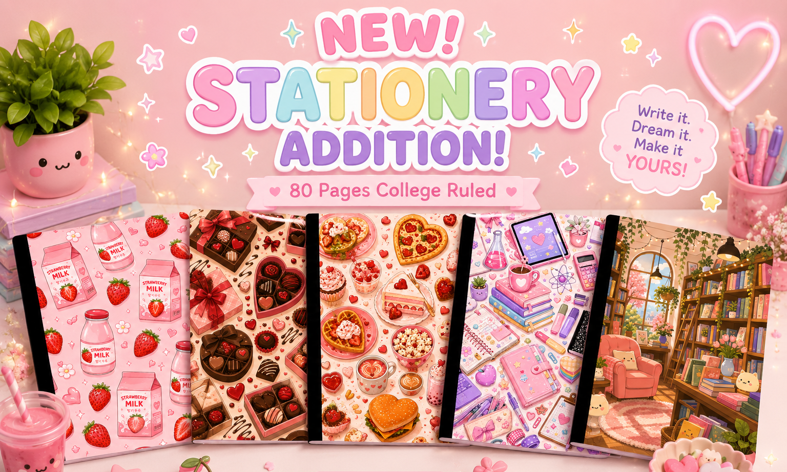 Promotional graphic for a stationery bundle featuring four pastel-colored notebook covers decorated with strawberry milk, chocolates, books, and a cozy library scene. The image is styled in a cute, kawaii aesthetic with pink background, pastel text reading 'NEW! STATIONERY ADDITION!', and various pink desk accessories.