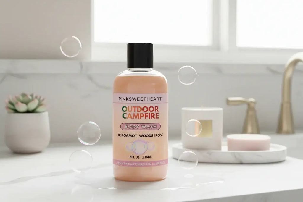 Pinksweetheart Outdoor Campfire body wash bottle on a white background