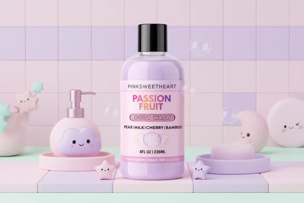 Purple bottle of Pinksweetheart Passion Fruit body wash on a white background