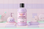 Purple bottle of Pinksweetheart Passion Fruit body wash on a white background