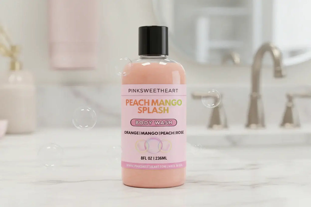 Body wash bottle labeled 'Peach Mango Splash' by Pinksweetheart on a white background
