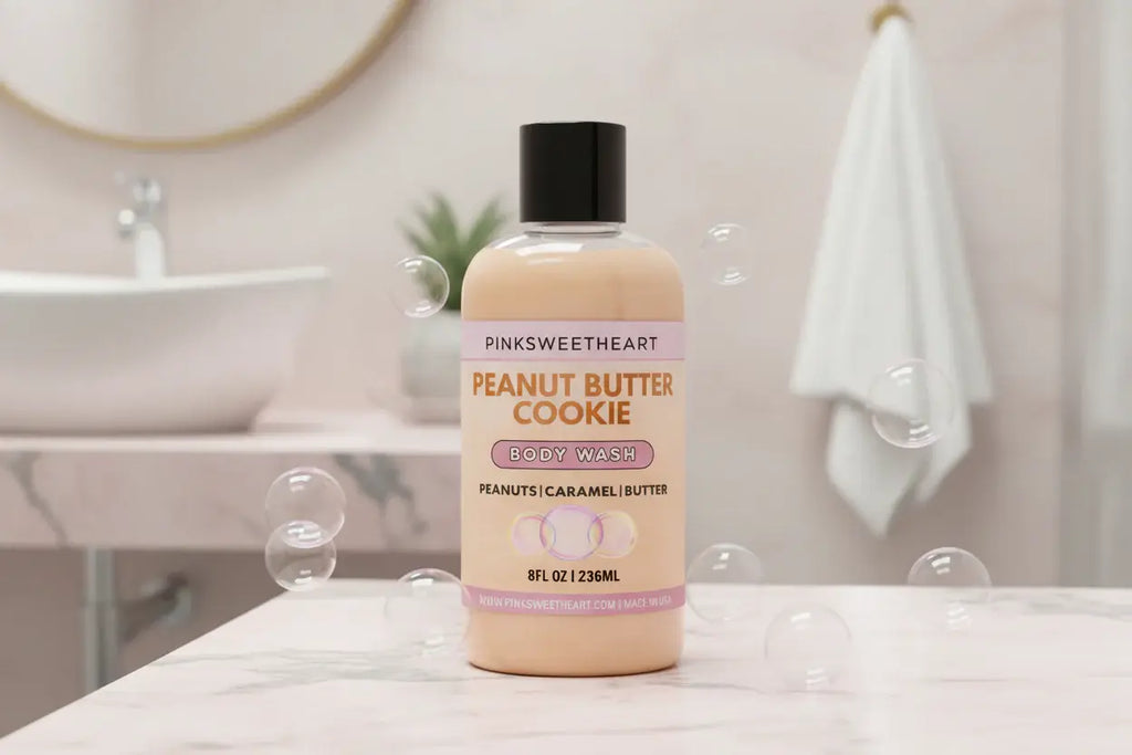 Bottle of 'Peanut Butter Cookie' body wash on a bathroom counter with bubbles.