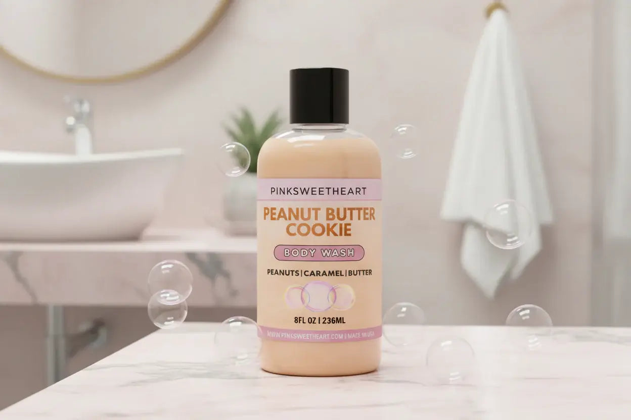 Bottle of 'Peanut Butter Cookie' body wash on a bathroom counter with bubbles.
