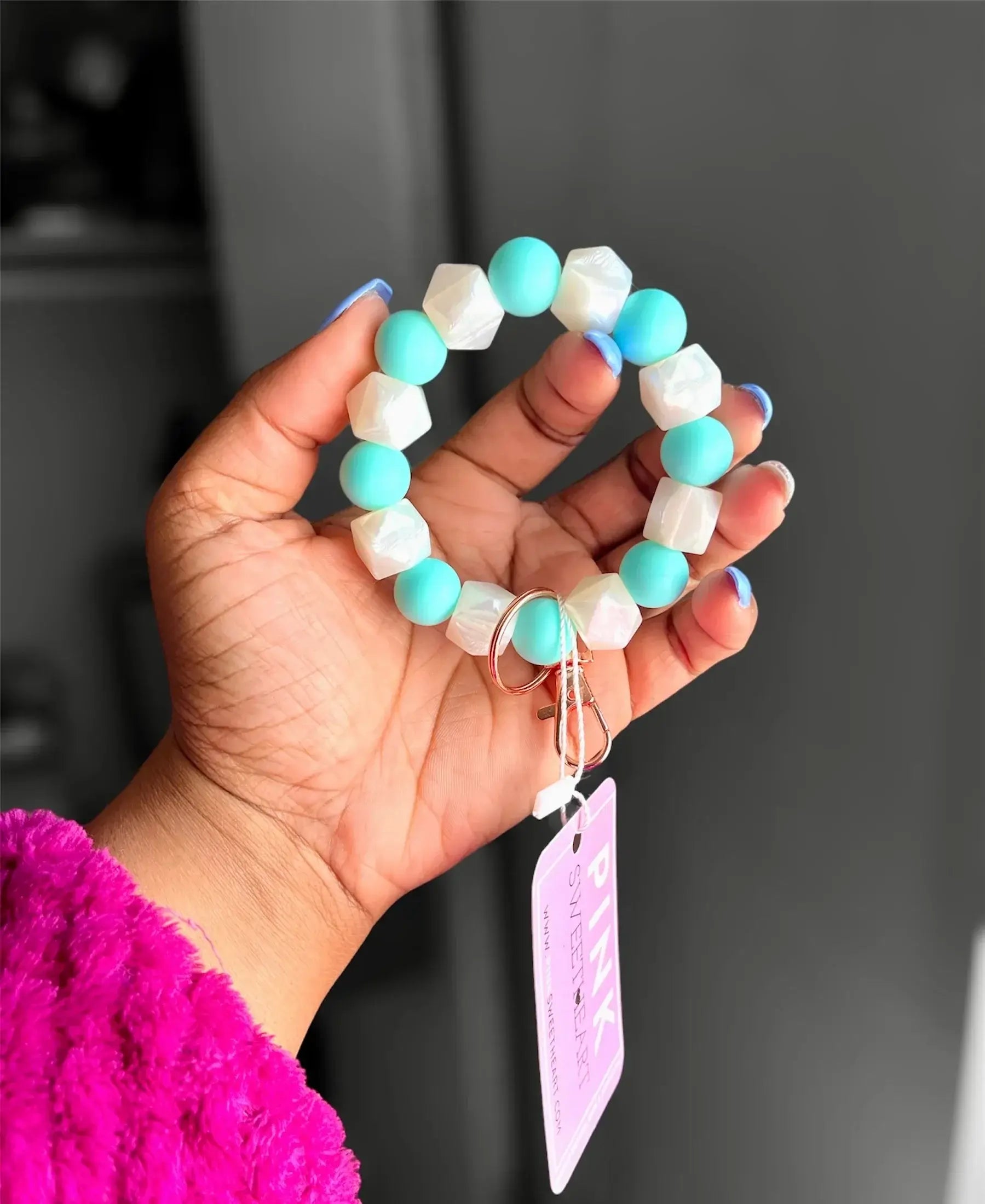 Pearl Hexagon Chunky Silicone Keychain - Aqua