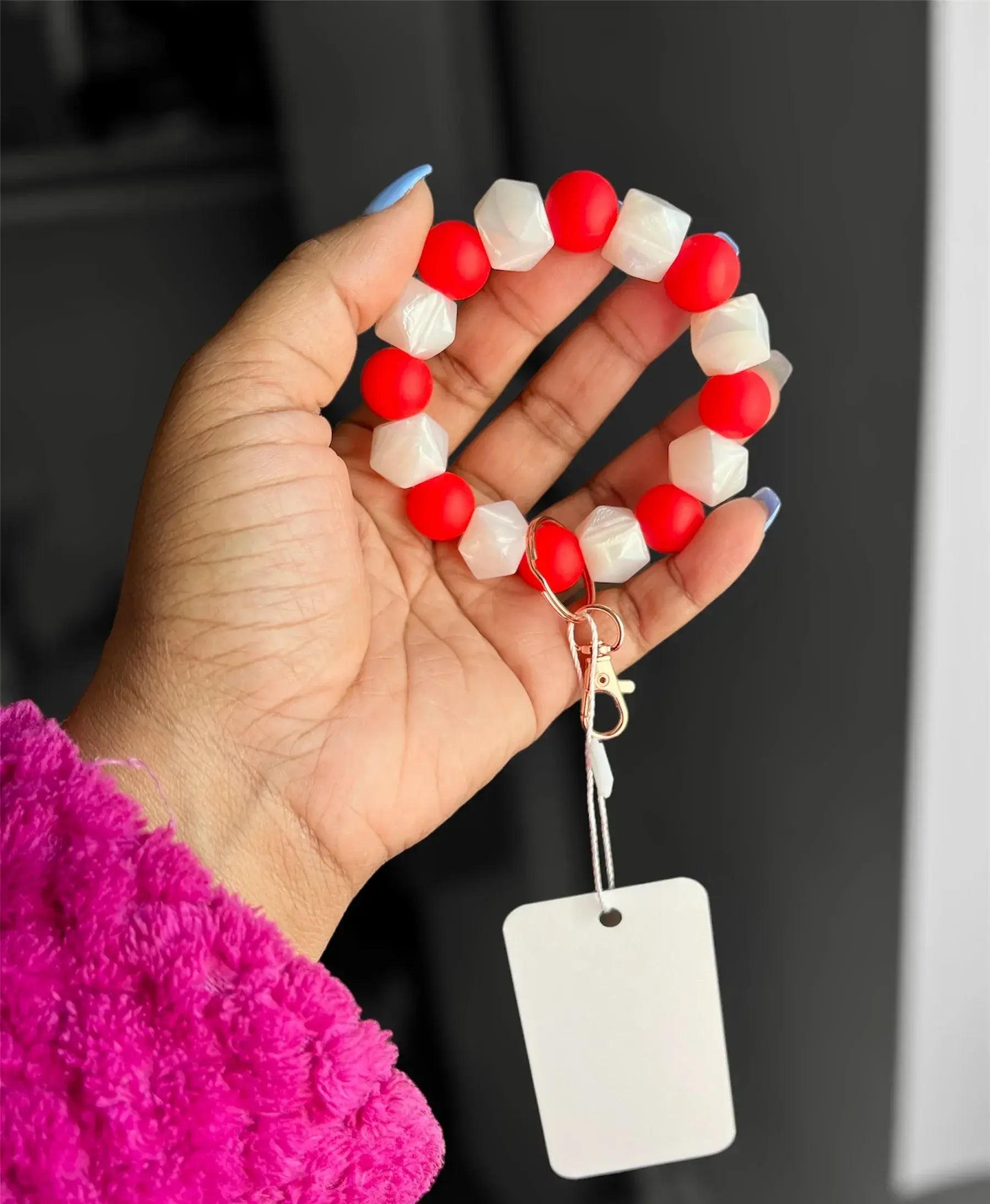 Pearl Hexagon Chunky Silicone Keychain - Strawberry