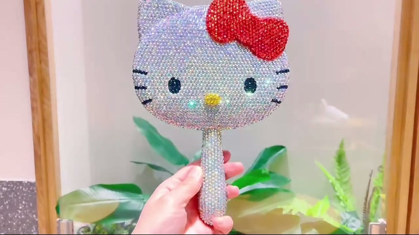 Platinum Diamond Rhinestone Handheld Hello Kawaii Kitty Mirror - Red Bow
