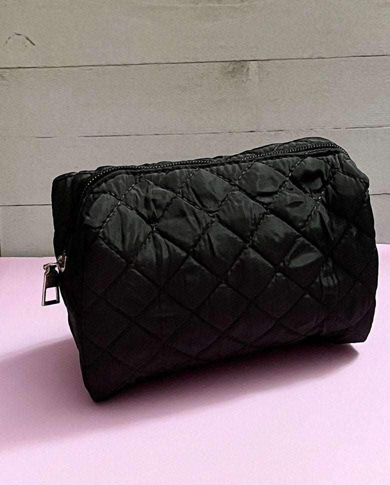 Quilted Puffy Cosmetic Makeup Bag Pouch - Black