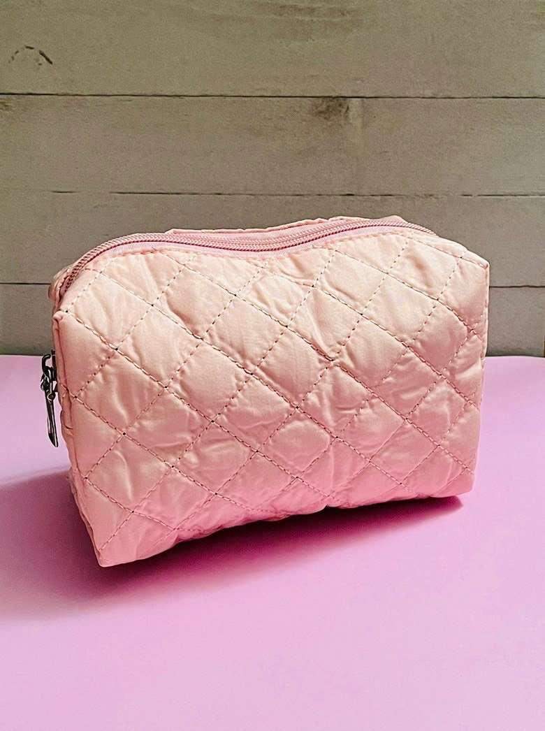 Quilted Puffy Cosmetic Makeup Bag Pouch - Pink