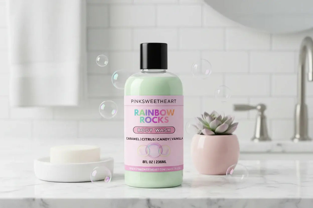Body wash bottle labeled 'Pinksweetheart Rainbow Rocks' on a white background