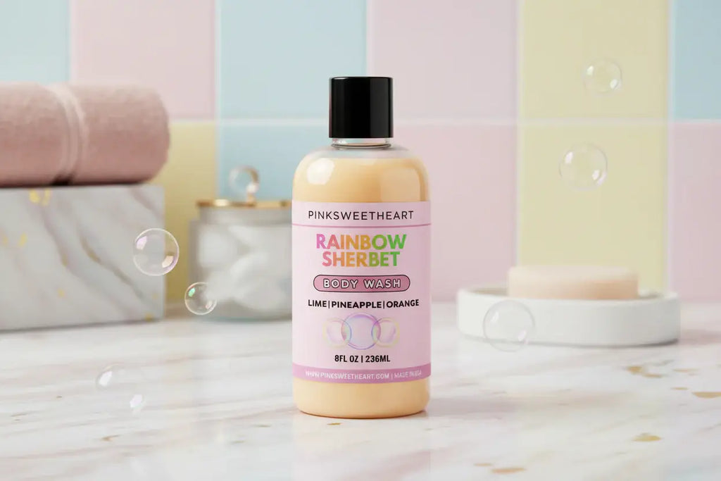 Body wash bottle with pink label on a white background